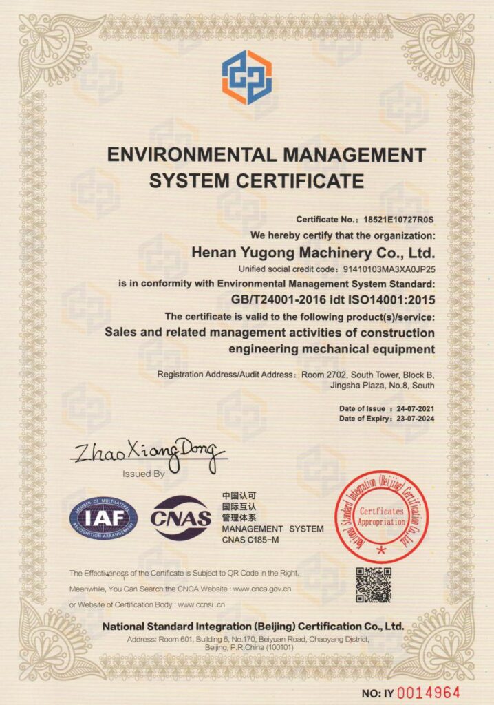YG Machinery environmental certification