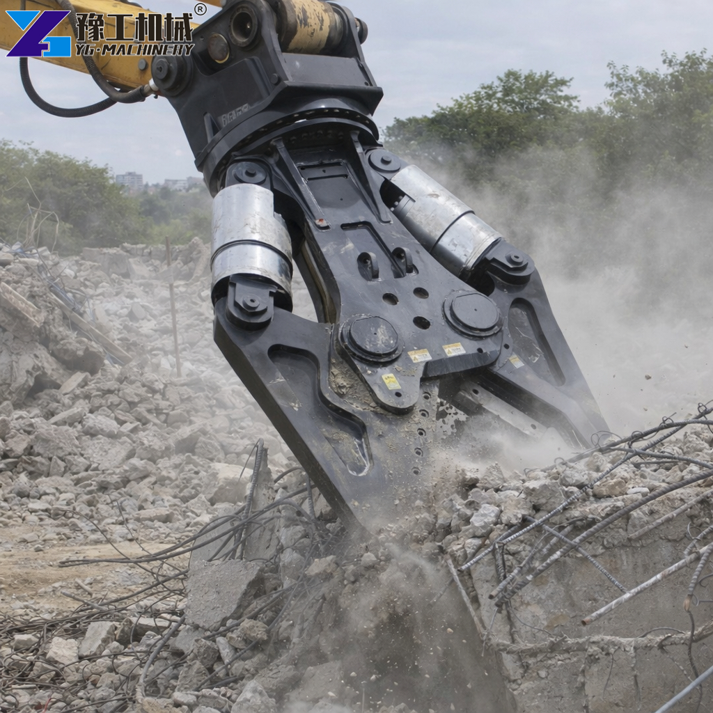 excavator shear dismantling industrial building