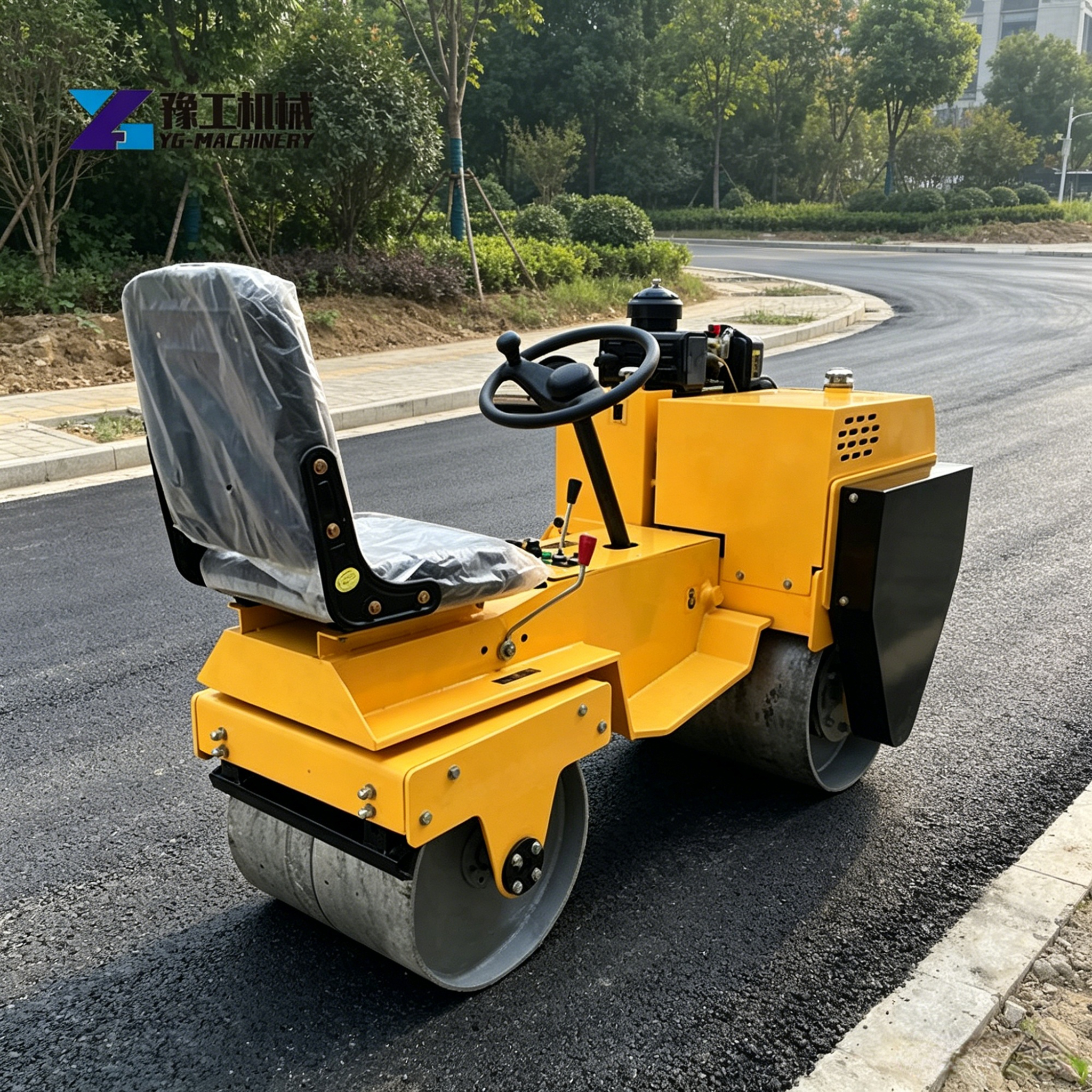 small road roller asphalt repair project