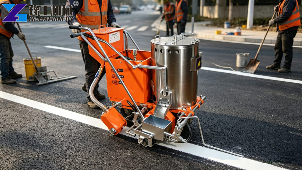 thermoplastic striping machine in action
